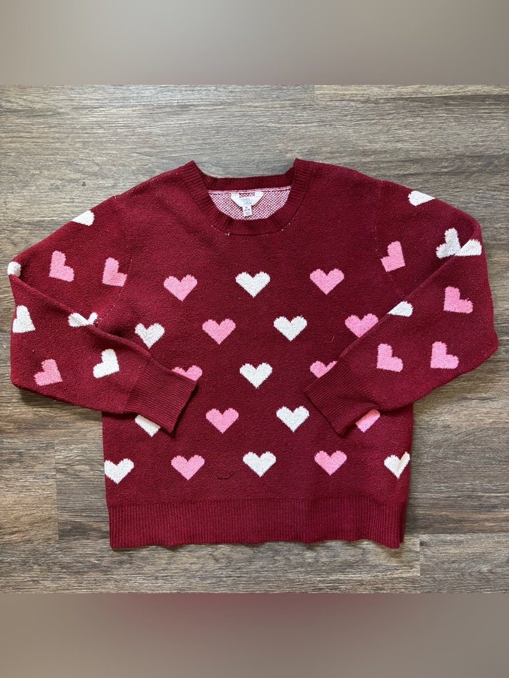Time and Tru Burgundy Heart-Print Crewneck Sweater